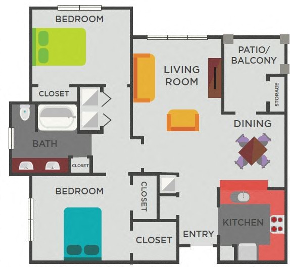 Floor plan for 2 beds, 1 bath, 1071 sqft